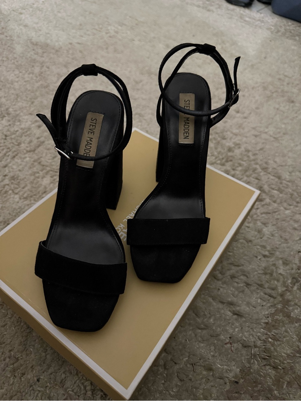 Steve Madden Black Suede Platform Block Heel Sandal with Ankle Strap - Picture 2 of 4